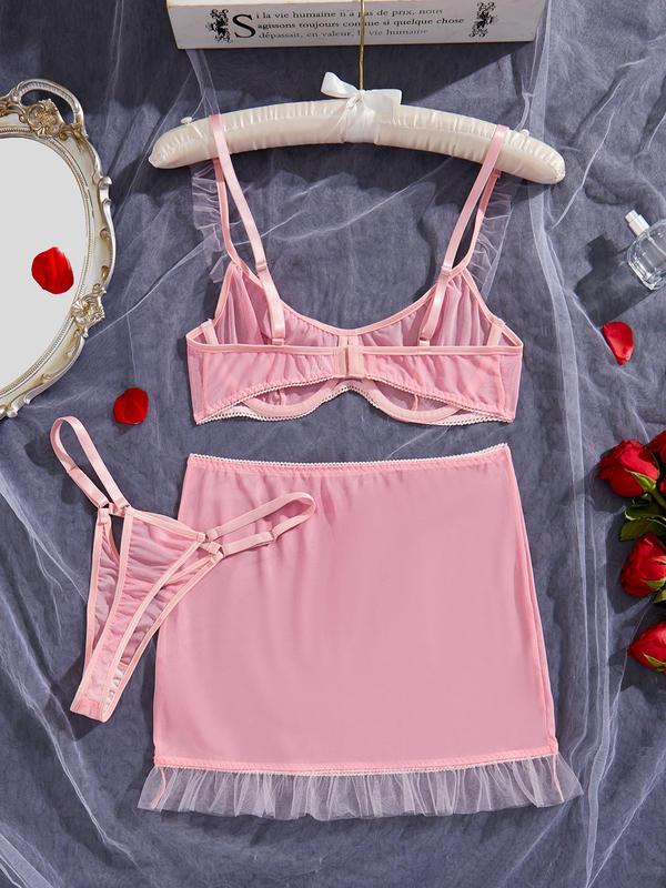 Women's Solid Sheer Mesh Sexy Lingerie Set, Casual Comfy Push Up Bra & Thong & Ruffle Hem Sheer Skirt Three-Piece Set, Ladies Sexy Lingeries & Costumes